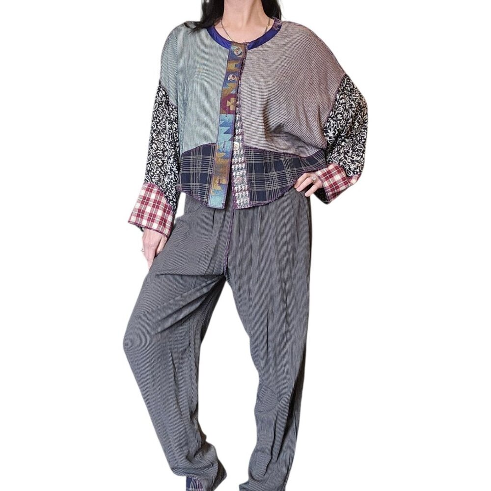 VTG 90s Artsy Casual Pant Set Mixed Prints Hippie Lagenlook Pullon Sz S M Boho